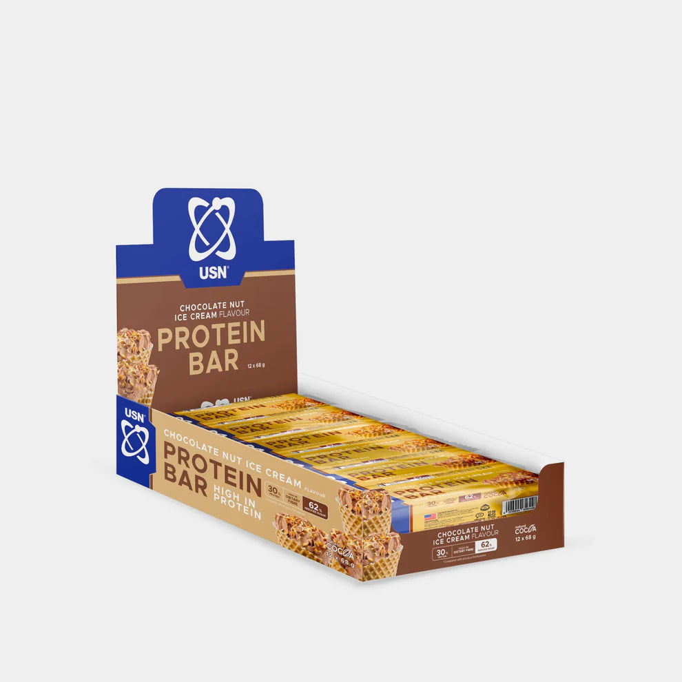 Box of USN protein bars on a white background