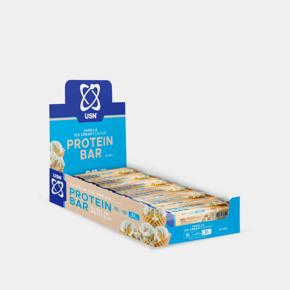 Box of USN protein bars on a white background